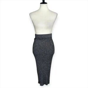 Rachel Roy Silver Metallic Ribbed Knit Tube Skirt‎ Midi Length Pull On Elastic S